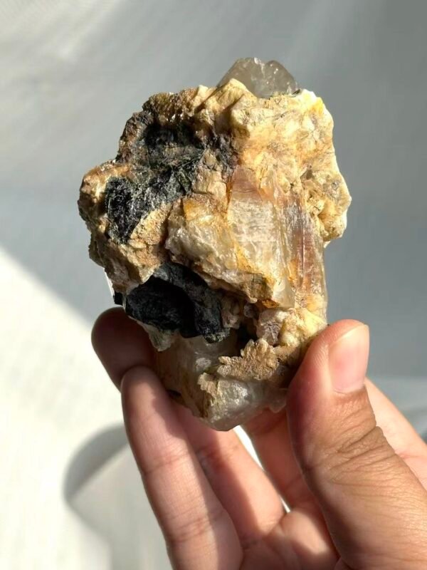 5c9cfbdf6eade40270821ffccbdfd801 Himalayan Crystal Intergrown with Black Tourmaline & Albite - Medium Handheld Size 15G