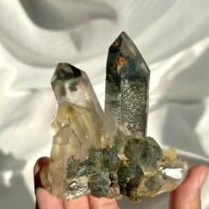 Himalayan Crystal Cluster: Polycrystalline with Green Phantom Inclusions, Limonite Symbiosis & Epitaxial Base  13B