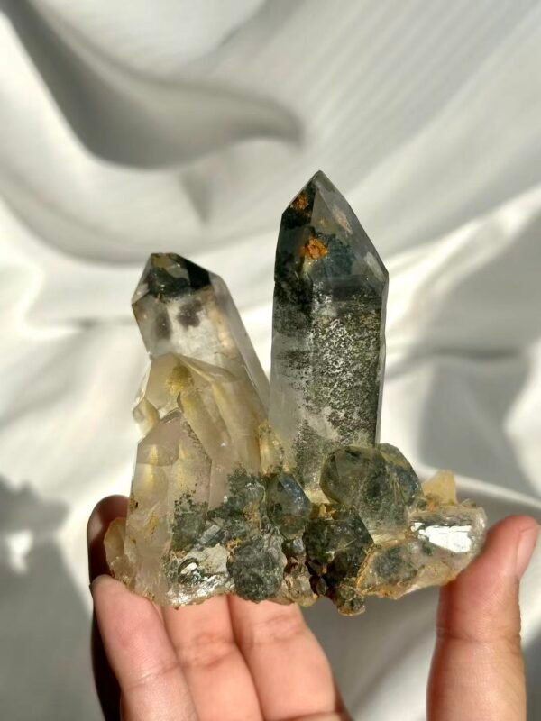 89fc5962ef929eb0a865837494f89cc0 Himalayan Crystal Cluster: Polycrystalline with Green Phantom Inclusions, Limonite Symbiosis & Epitaxial Base 13B