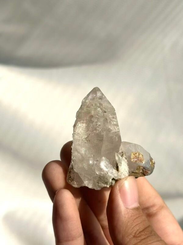 Transparent White Himalayan Crystal with Golden-Red Rutile Inclusions  14N