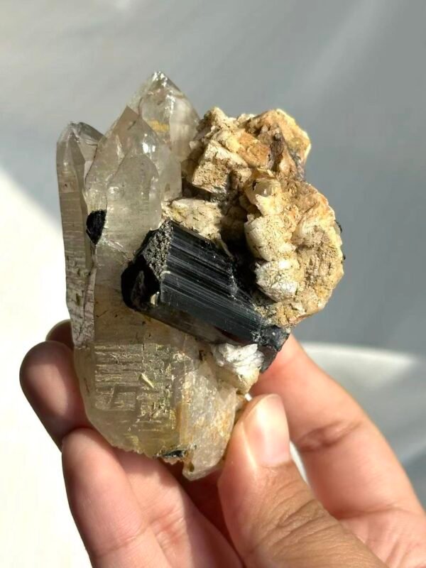 b24ed7af96d82697b8ba3587e37d4df2 Himalayan Crystal Intergrown with Black Tourmaline & Albite - Medium Handheld Size 15G