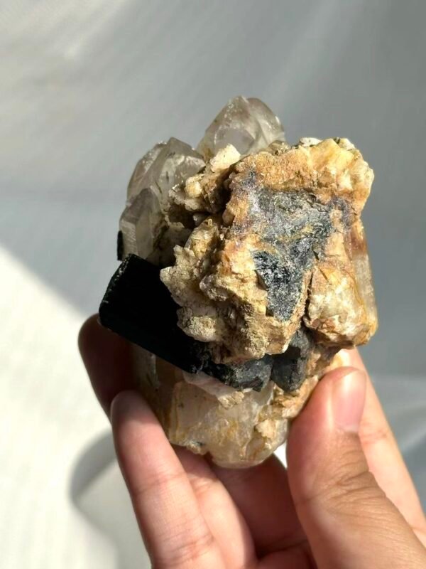 c7b6eb5e73d45772b08ab808f11e8e00 Himalayan Crystal Intergrown with Black Tourmaline & Albite - Medium Handheld Size 15G
