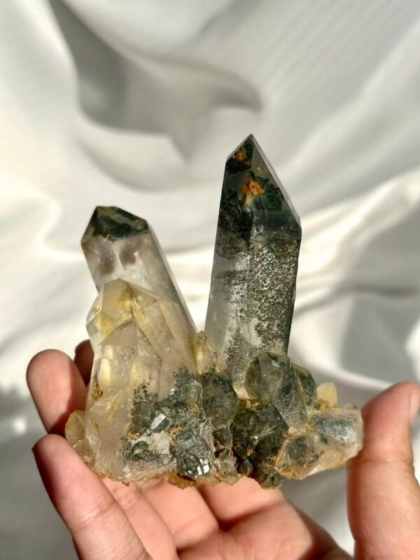 e908b7b302281c16d641a41573a247c1 Himalayan Crystal Cluster: Polycrystalline with Green Phantom Inclusions, Limonite Symbiosis & Epitaxial Base 13B