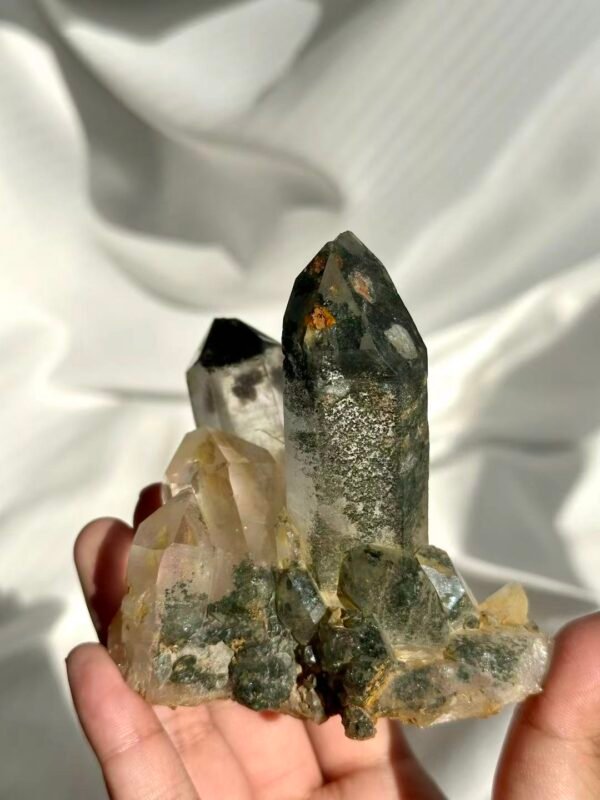 f0920635c0c23e8115e9784040ab3784 Himalayan Crystal Cluster: Polycrystalline with Green Phantom Inclusions, Limonite Symbiosis & Epitaxial Base 13B